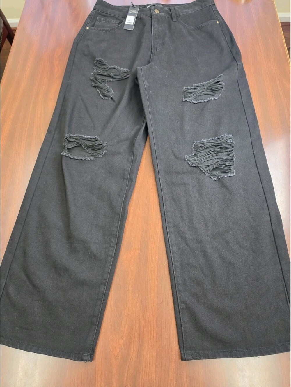 NWT Fashion Nova Black Ripped Wide Leg Jeans Size 11 Grunge Y2K Streetwear Denim